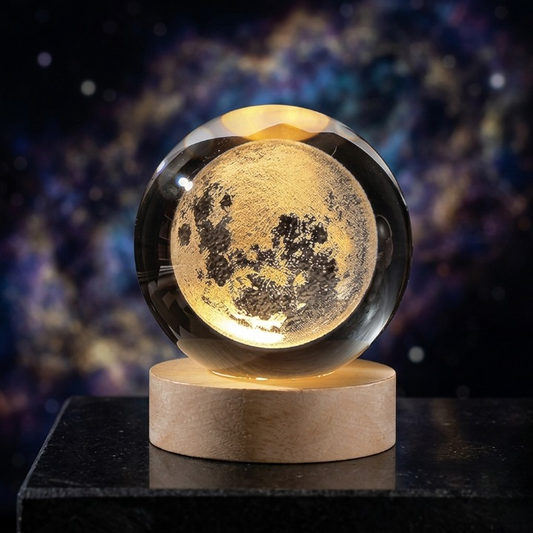 3D Galaxy Crystal Ball Lamp with Wooden LED Base – Decorative Night Light (Only Moon Shape)